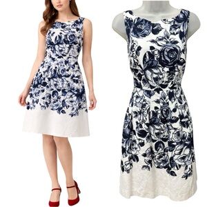Talbots Easter Floral Fit & Flare Dress White Navy Wedding Guest Cottagecore 4P